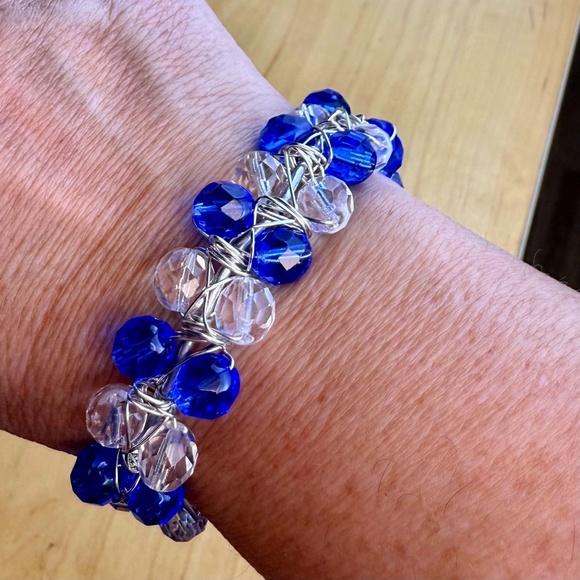 Blue & Clear Faceted Beaded Open Bangle Cuff - Picture 1 of 7